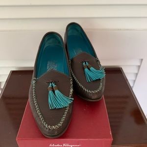 Salvatore Ferragamo Aqua Blue Tassles Dark Brown Loafers with Box